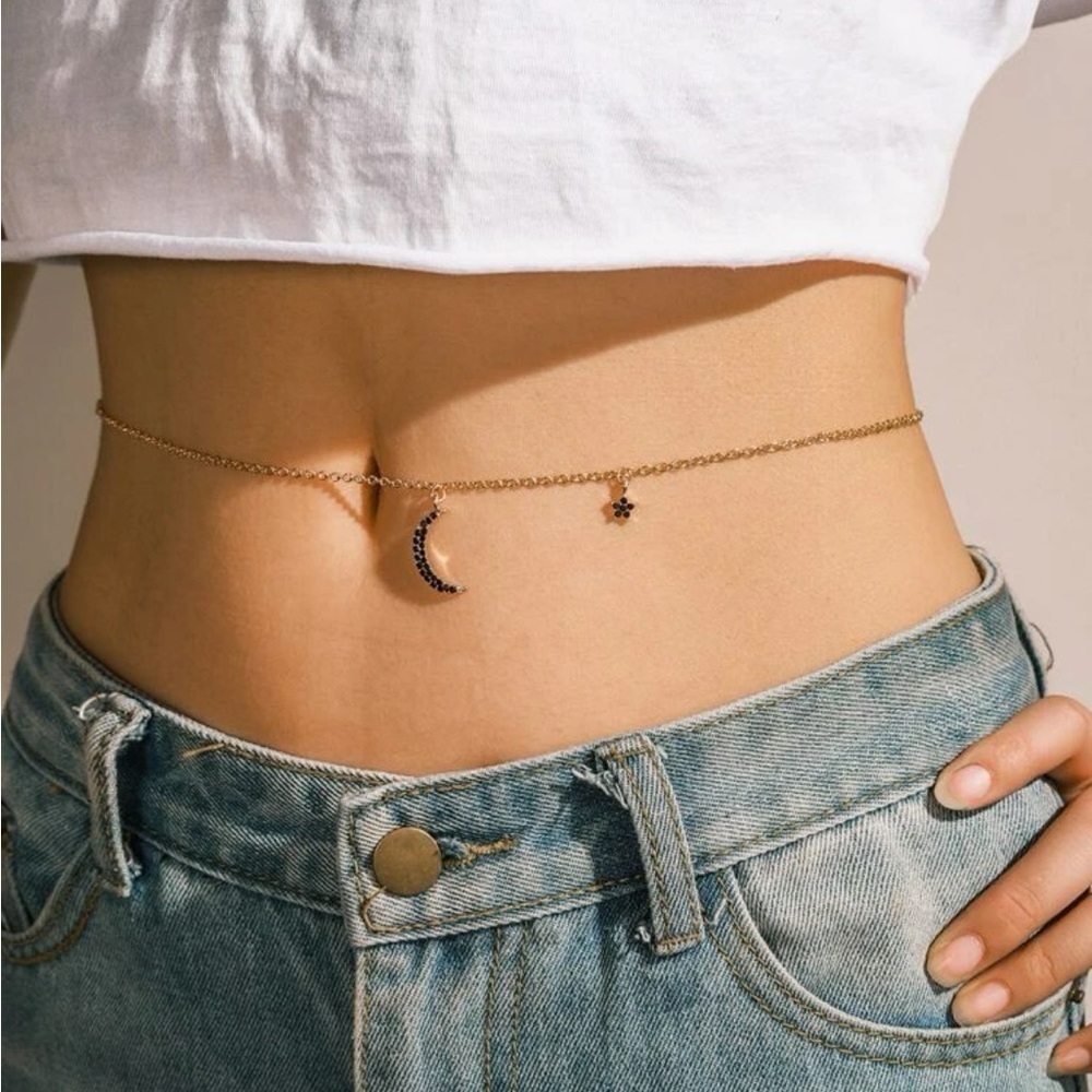 Gold Rhinestone Moon Star Waist Chain